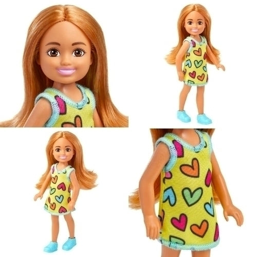 Boneca Barbie Chelsea 14 cm Cabelo Castanho Claro Vestido Corações Tênis Azul HNY57 Mattel